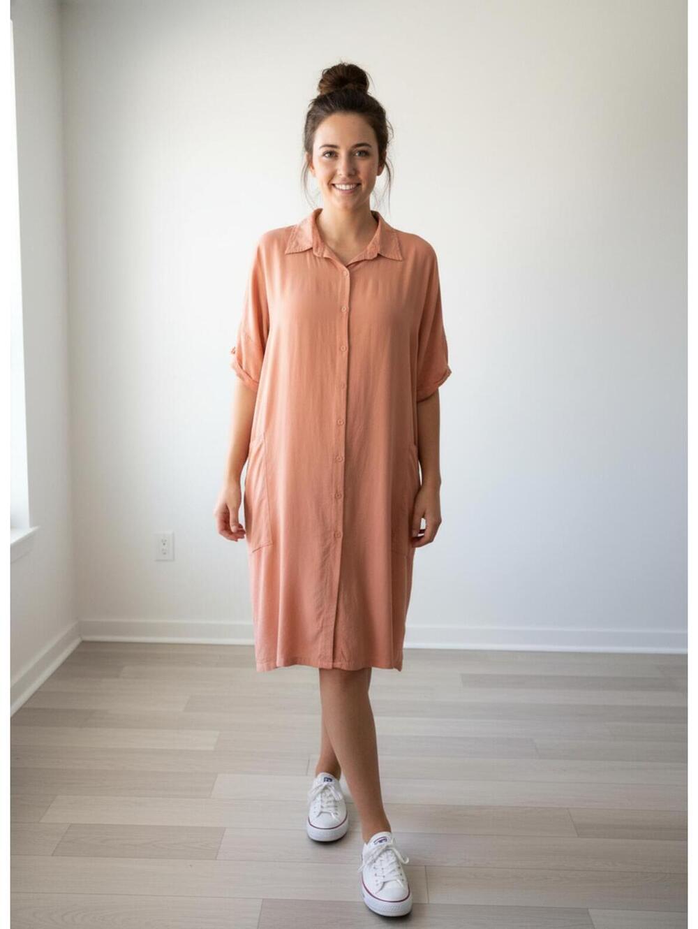 Utcoco Pink Button Up Linen Cotton Blend Shirt dress With Pockets 2X